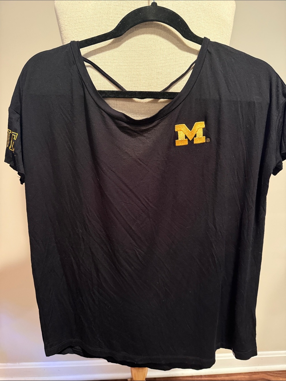 PINK Victoria's Secret Black Short-Sleeve Tee with Gold 'M' Logo